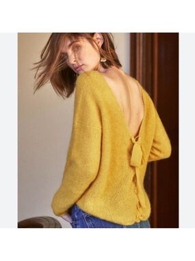 Sezane Cassie Jumper Ribbon Lace Up Back Yellow Sweater Mohair Alpaca Medium